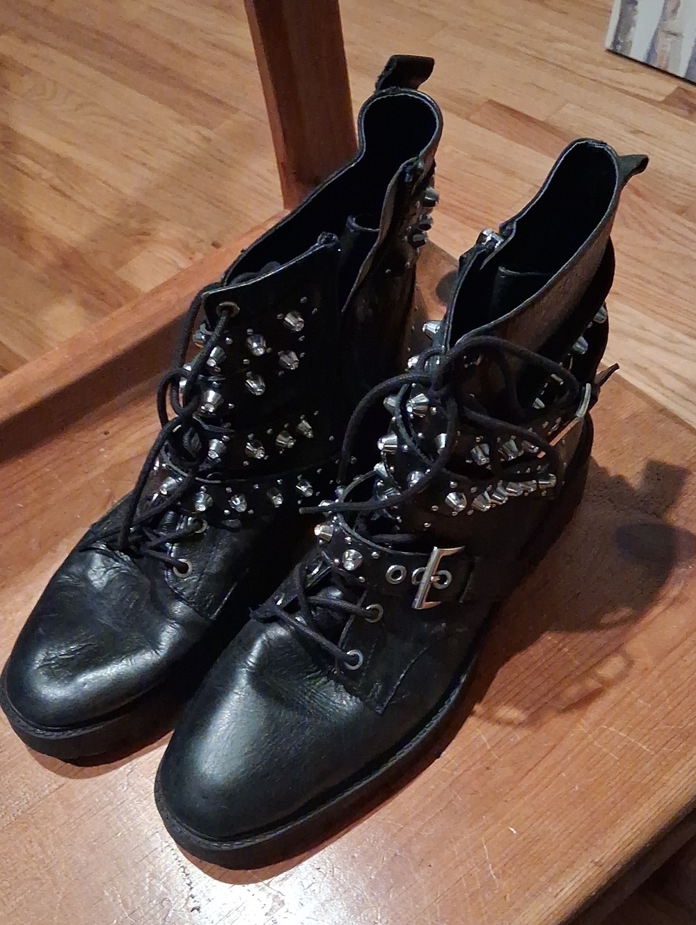 Zara Black Studded Combat Boots with Buckle